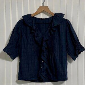 Madewell Navy Blue 100% Cotton Ruffle Trim V-Neck Puff Sleeve Top Blouse Size S